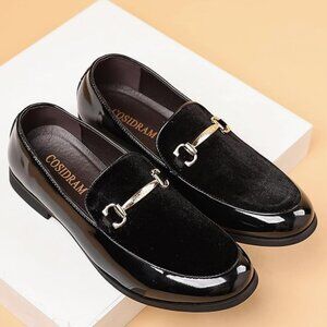 Men's Velvet Patent Leather Loafers with Gold Horsebit